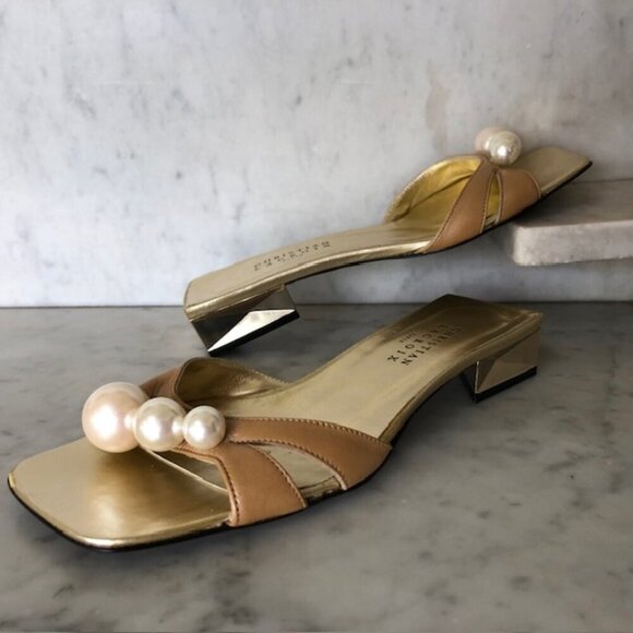 CHRISTIAN LACROIX Faux Pearl Gold Triangle Heel Tan Slide Sandal 5.5 - Picture 3 of 17